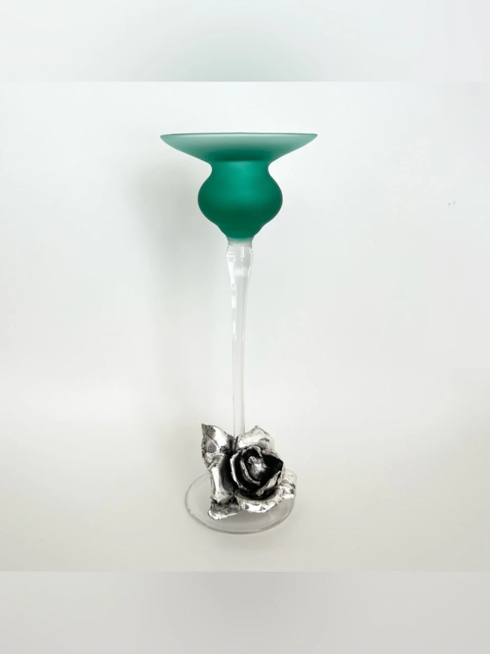 Vintage Italian Green Glass Pillar Candle Holder Metal Rose Flower Accent 10